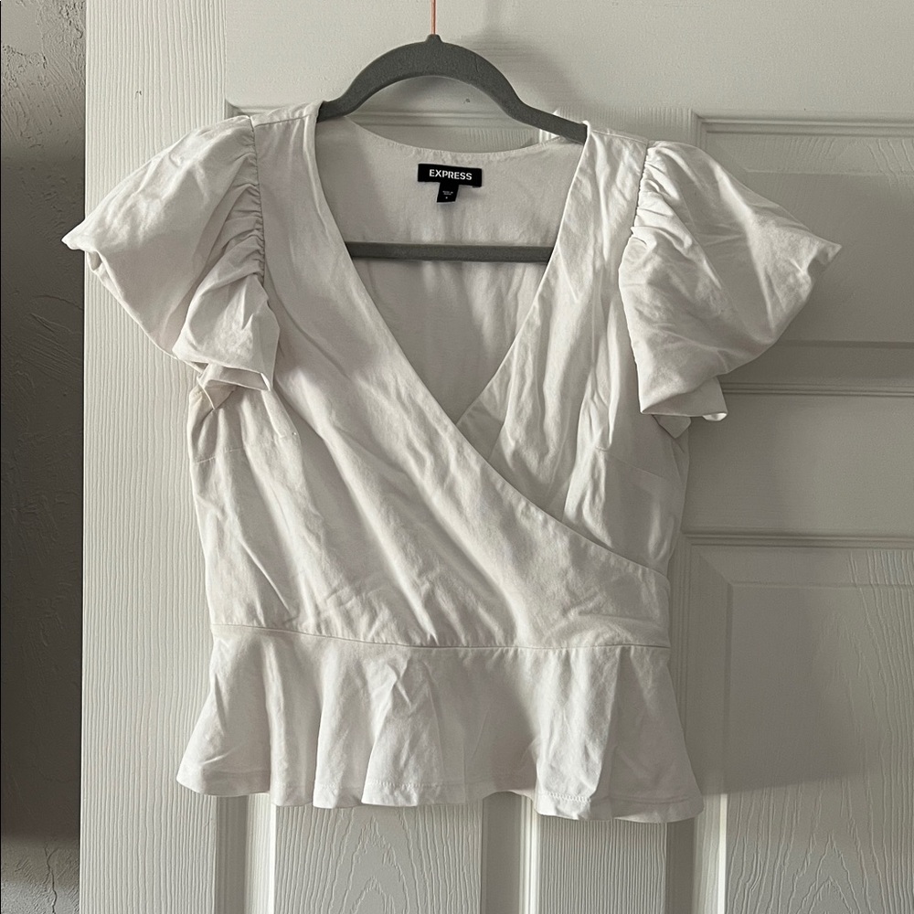 Express White Puff-Sleeve Peplum Wrap Blouse